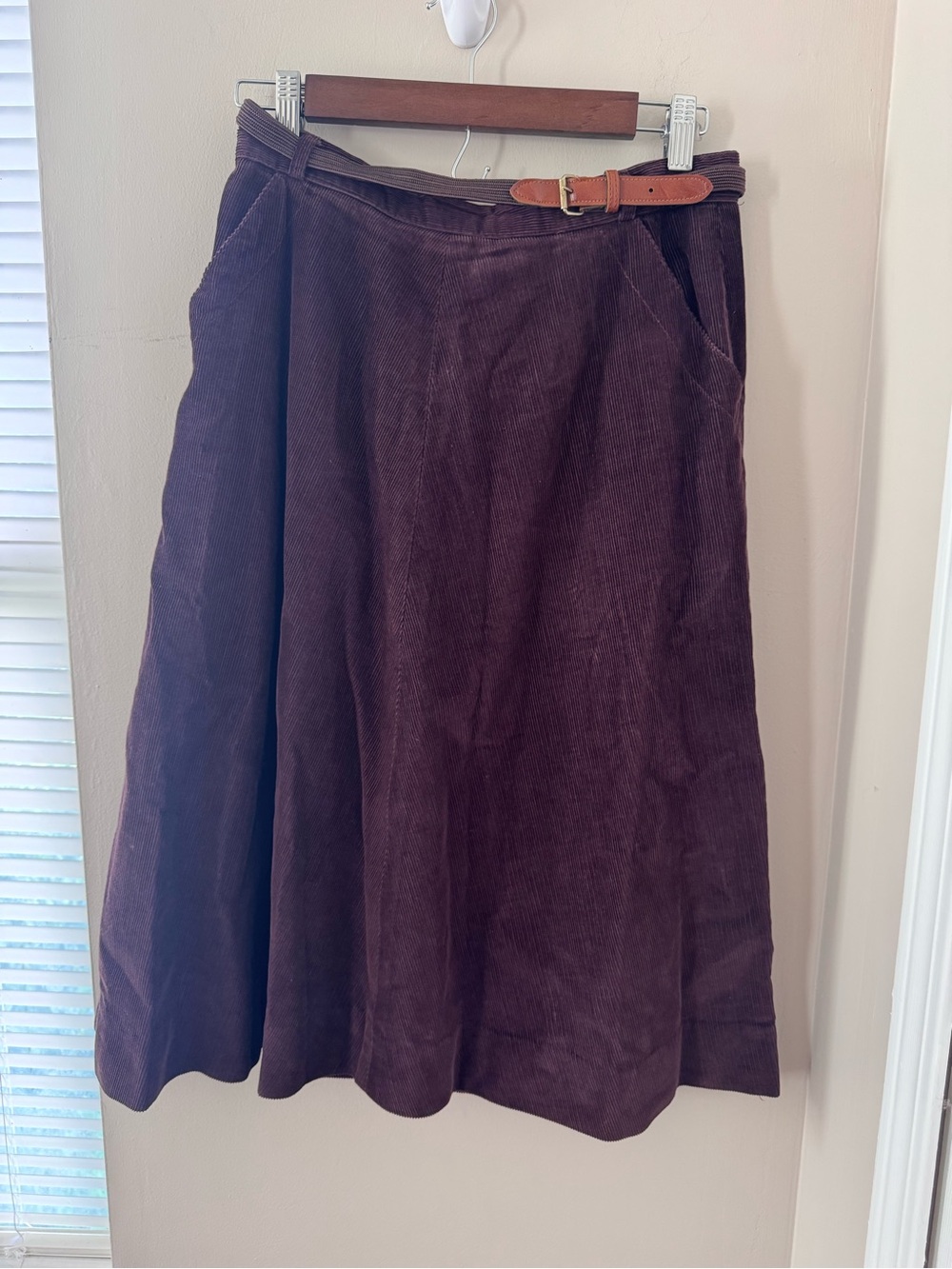 Vintage 90s Panther Brand Dark Brown Plum Corduroy Midi Skirt Belted M